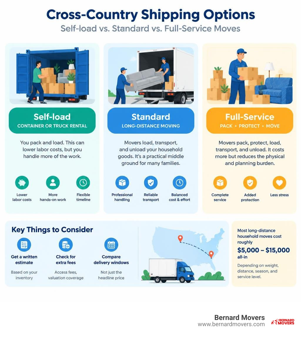 Cross-country shipping options comparing self-load standard and full-service moves infographic Cross-country shipping options comparing self-load standard and full-service moves infographic