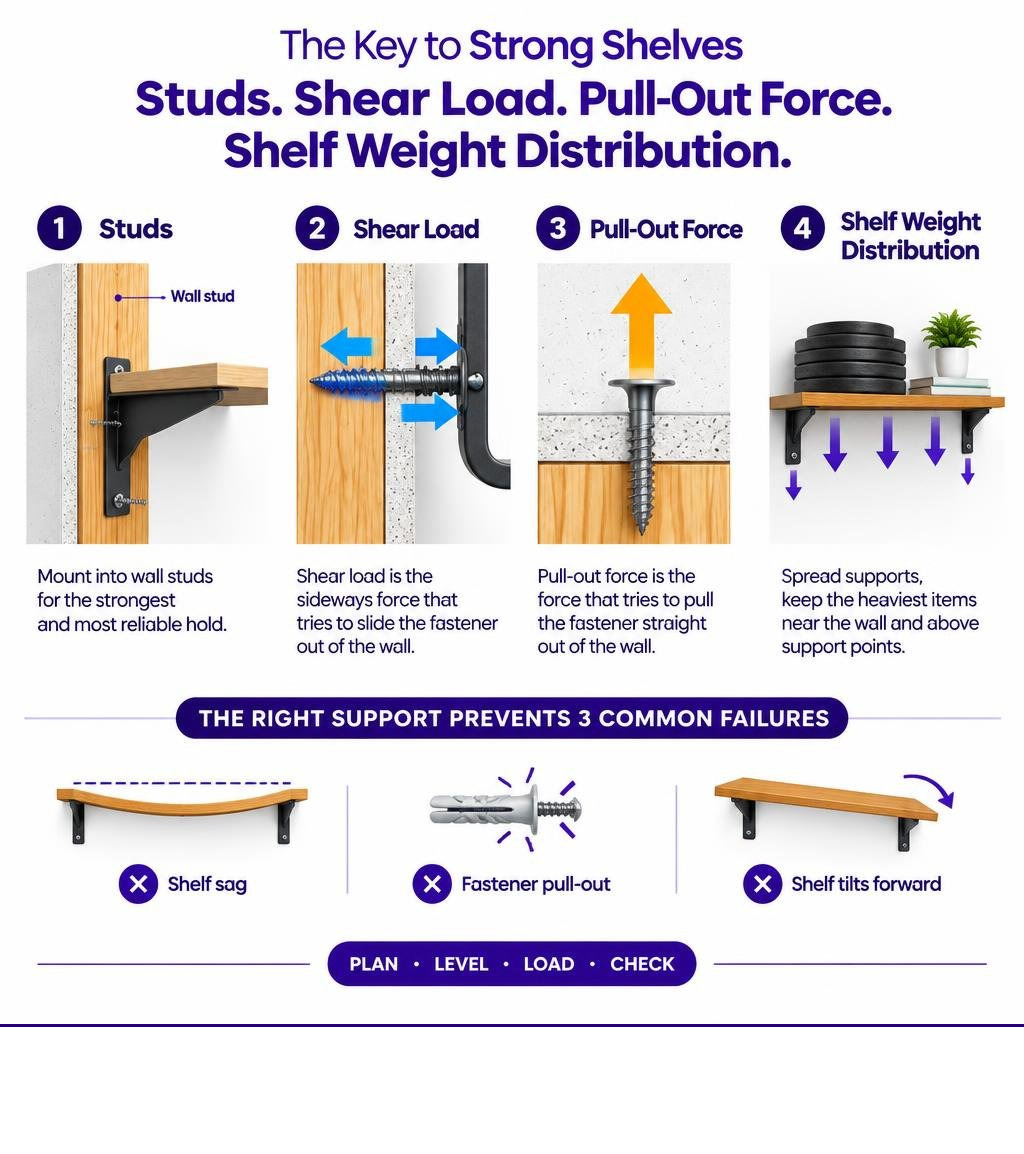 Infographic showing studs, shear load, pull-out force, and shelf weight distribution infographic
