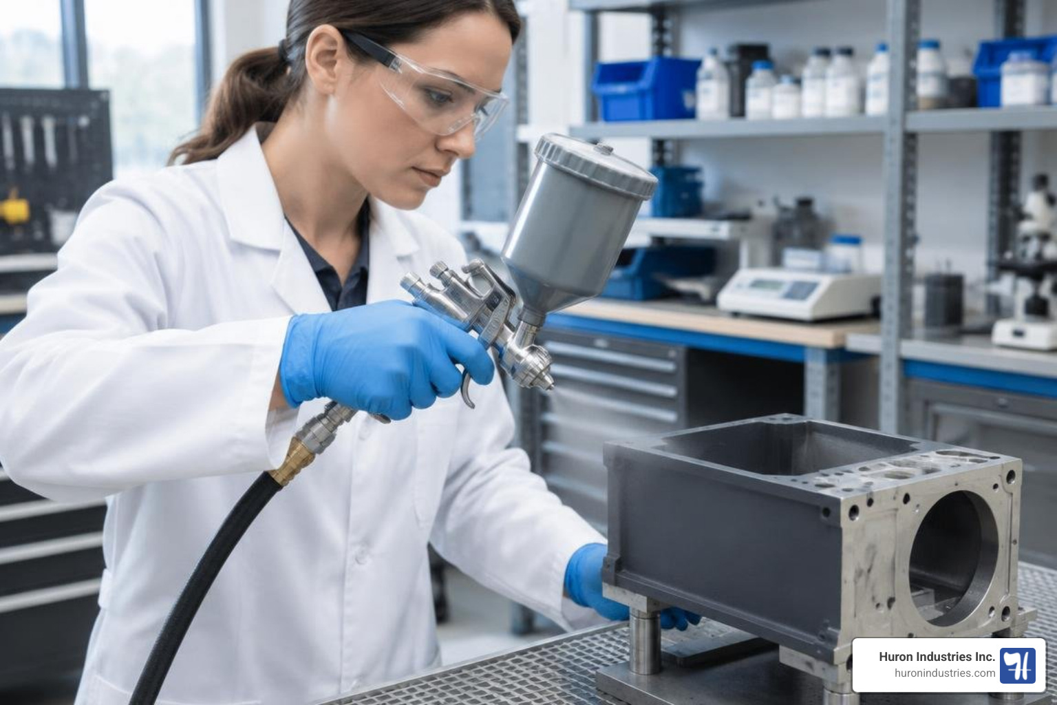 technician applying conductive dry film coating using a precision spray gun technician applying conductive dry film coating using a precision spray gun