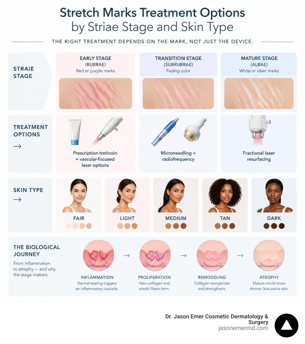 Stretch marks treatment options by striae stage and skin type infographic