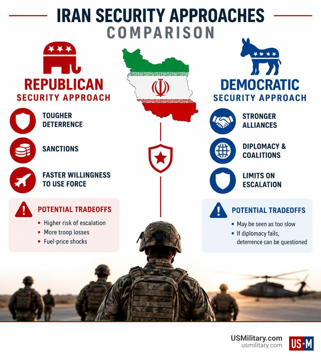 Republican and Democratic Iran security approaches comparison infographic Republican and Democratic Iran security approaches comparison infographic