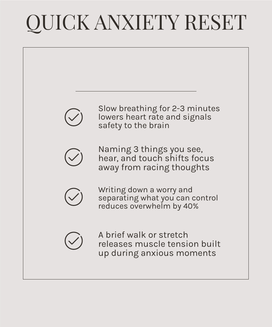 infographic showing breathing grounding journaling movement and support for anxiety relief infographic