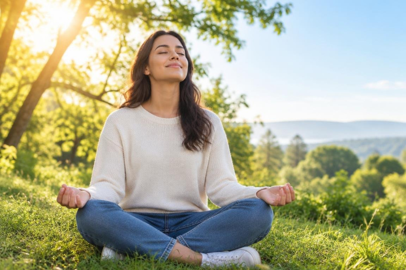 person practicing deep breathing in a calm outdoor environment with warm sunlight