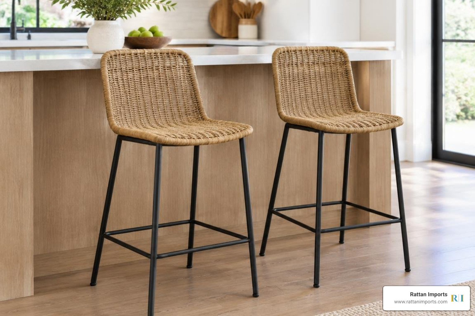 Textured rattan and metal bar seating Textured rattan and metal bar seating