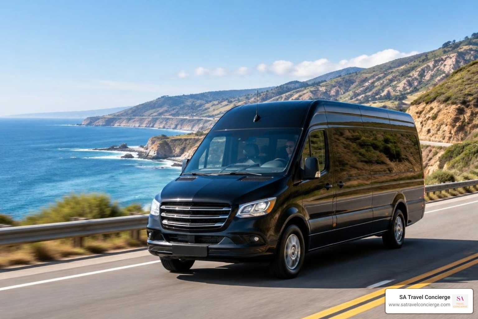 Executive passenger van driving on a scenic coastal highway