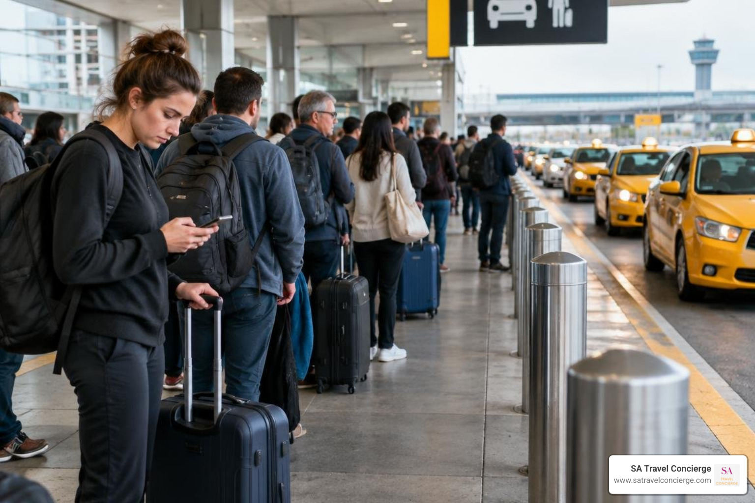 Traveler waiting in a long airport taxi queue after landing