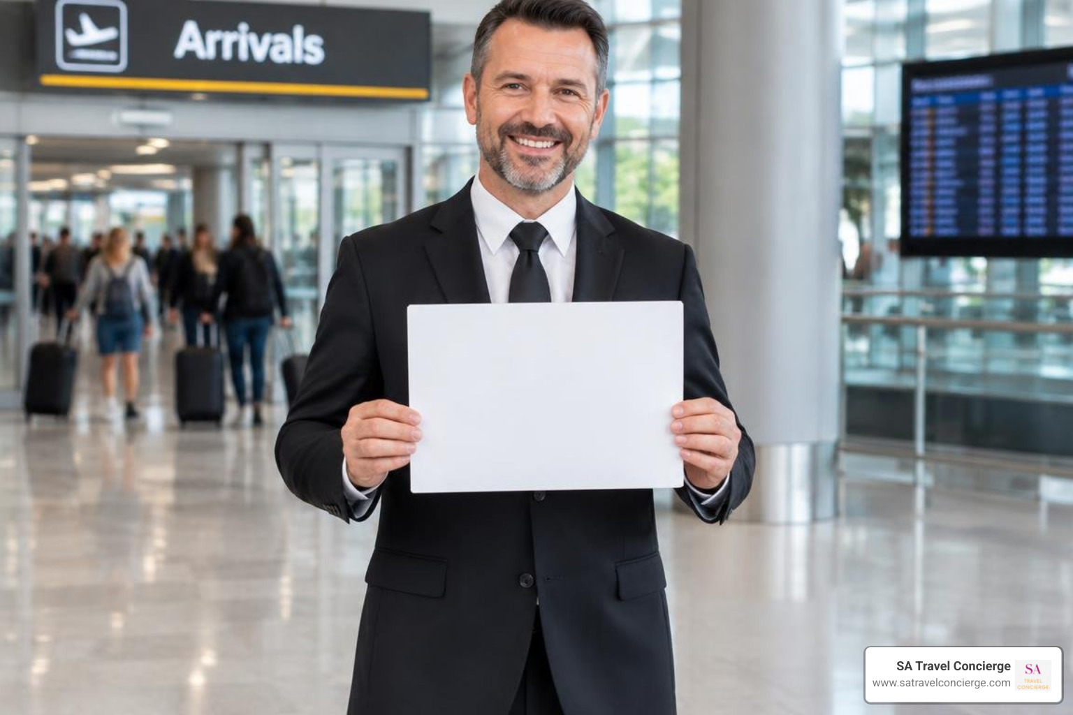Chauffeur holding name board in the airport arrivals terminal