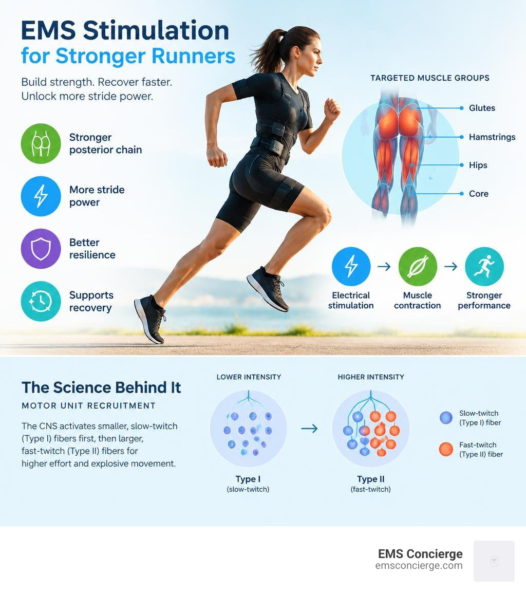 infographic of EMS stimulation supporting runner strength recovery and stride power infographic