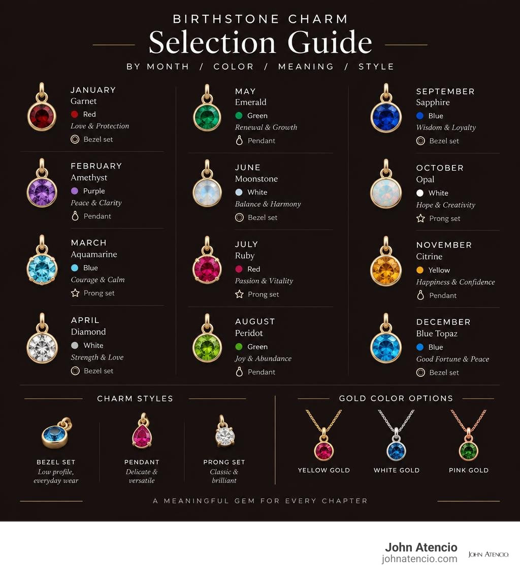 Birthstone charm selection guide by month, color, meaning, and style infographic Birthstone charm selection guide by month, color, meaning, and style infographic