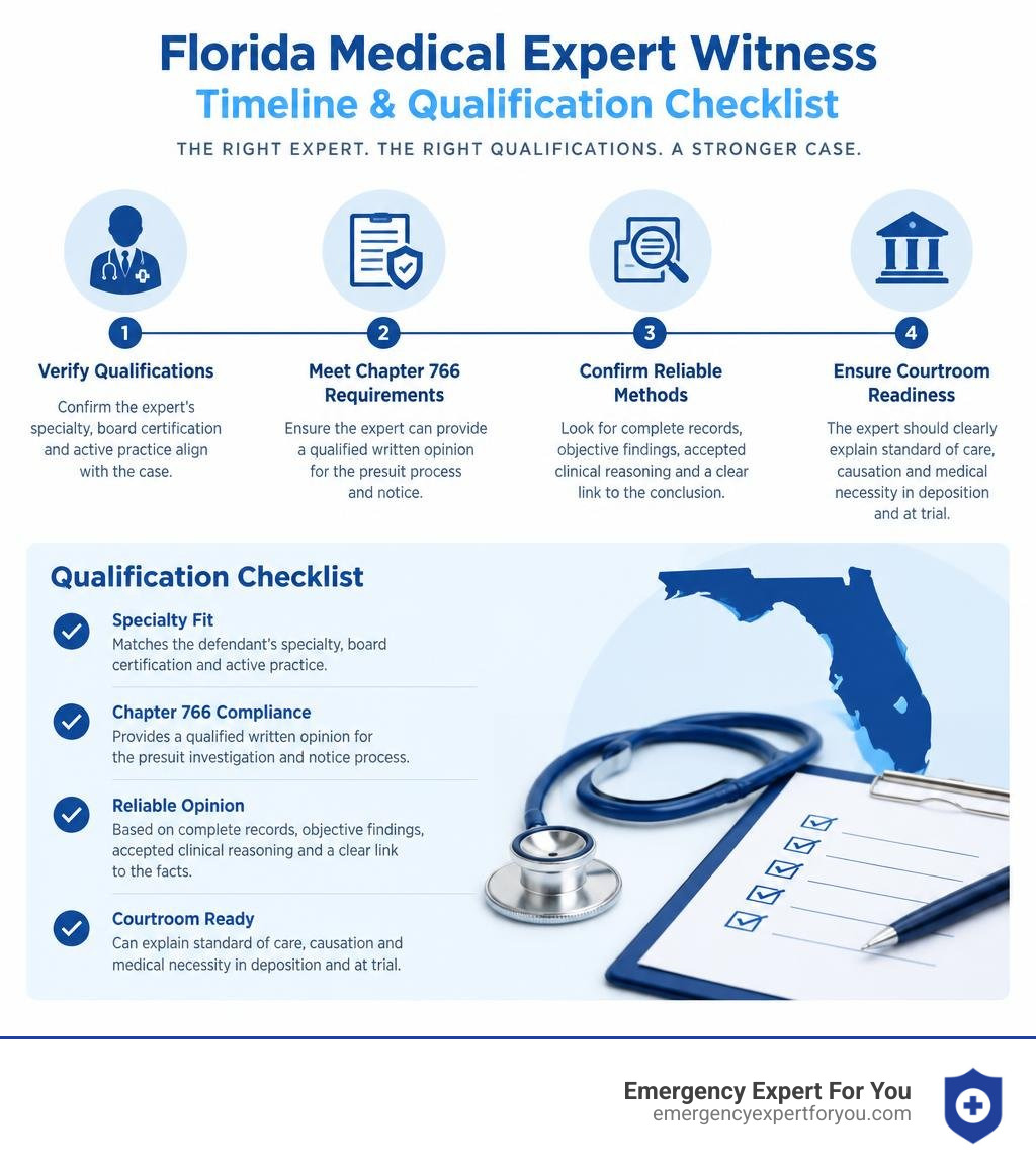 Florida medical malpractice expert witness timeline and qualification checklist infographic