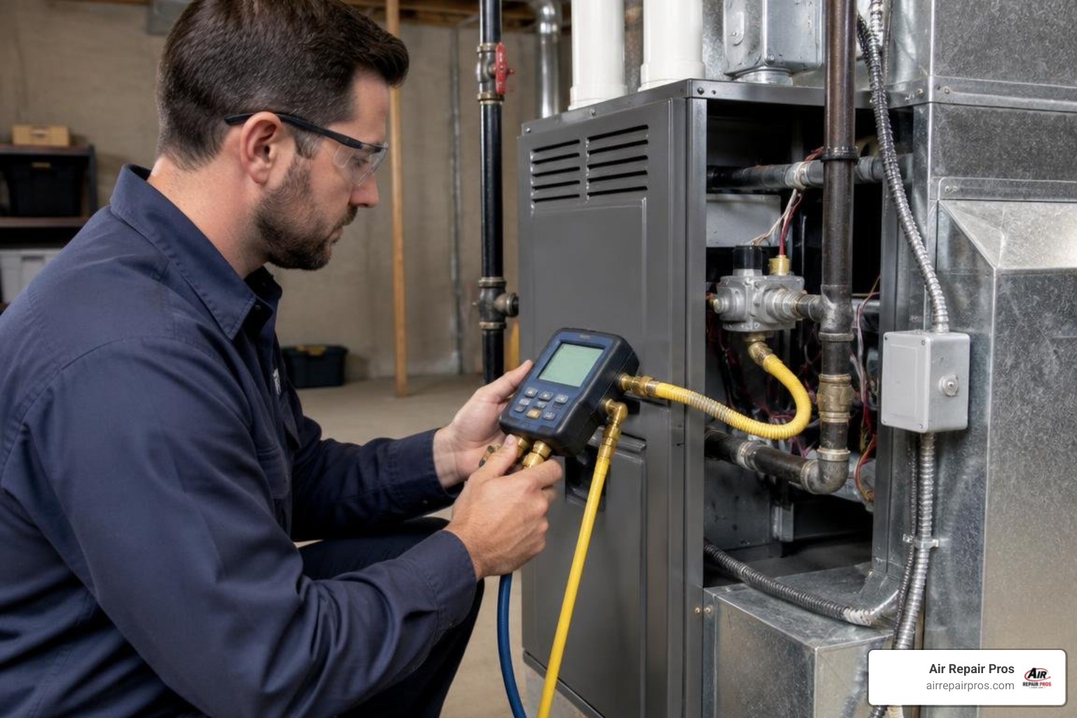 HVAC technician testing manifold gas pressure with digital manometer