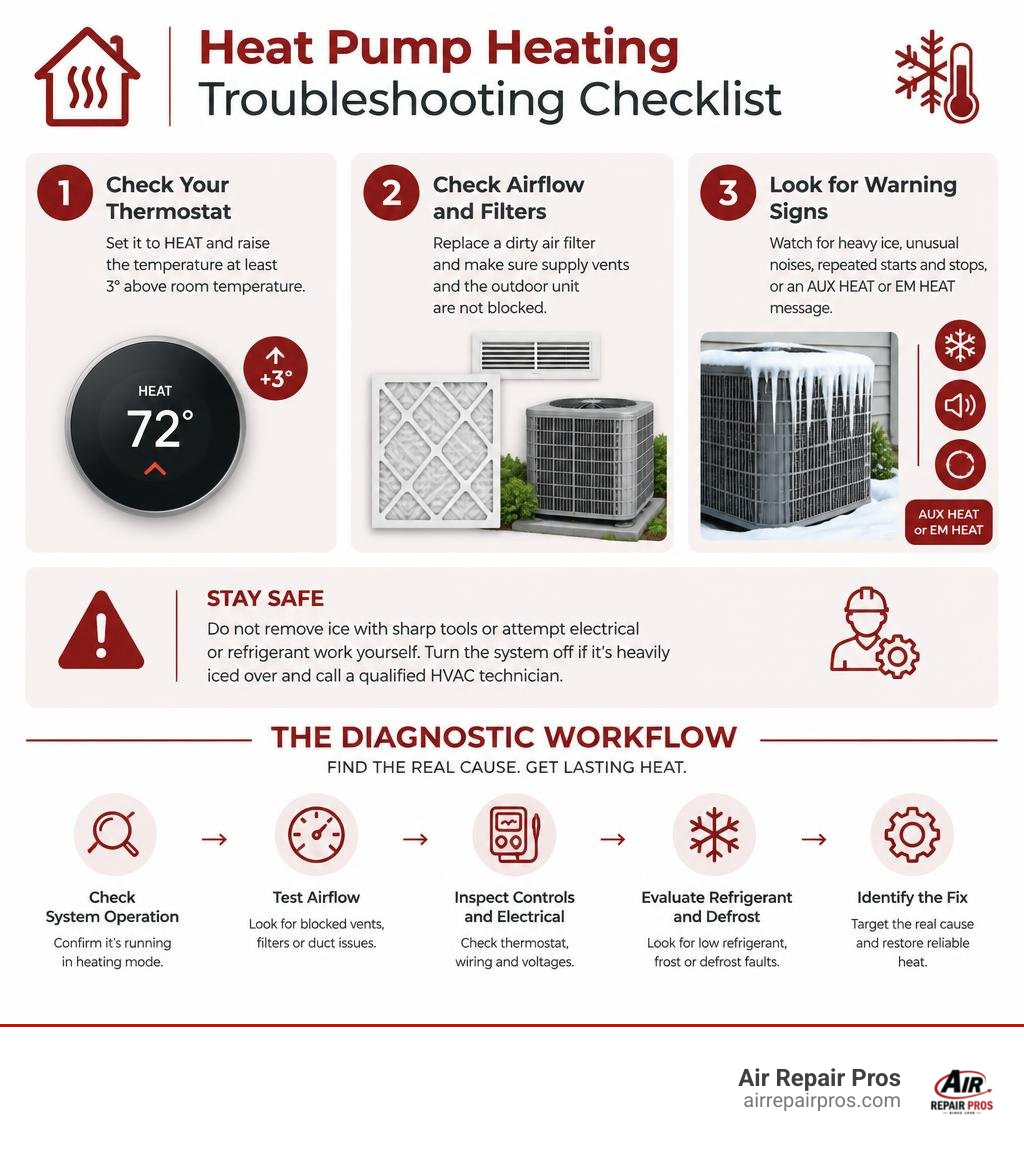 Heat pump heating troubleshooting checklist infographic