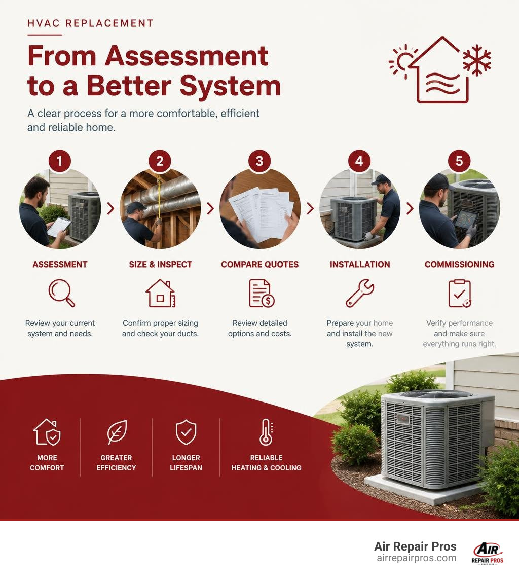 HVAC replacement steps from assessment through installation and commissioning infographic