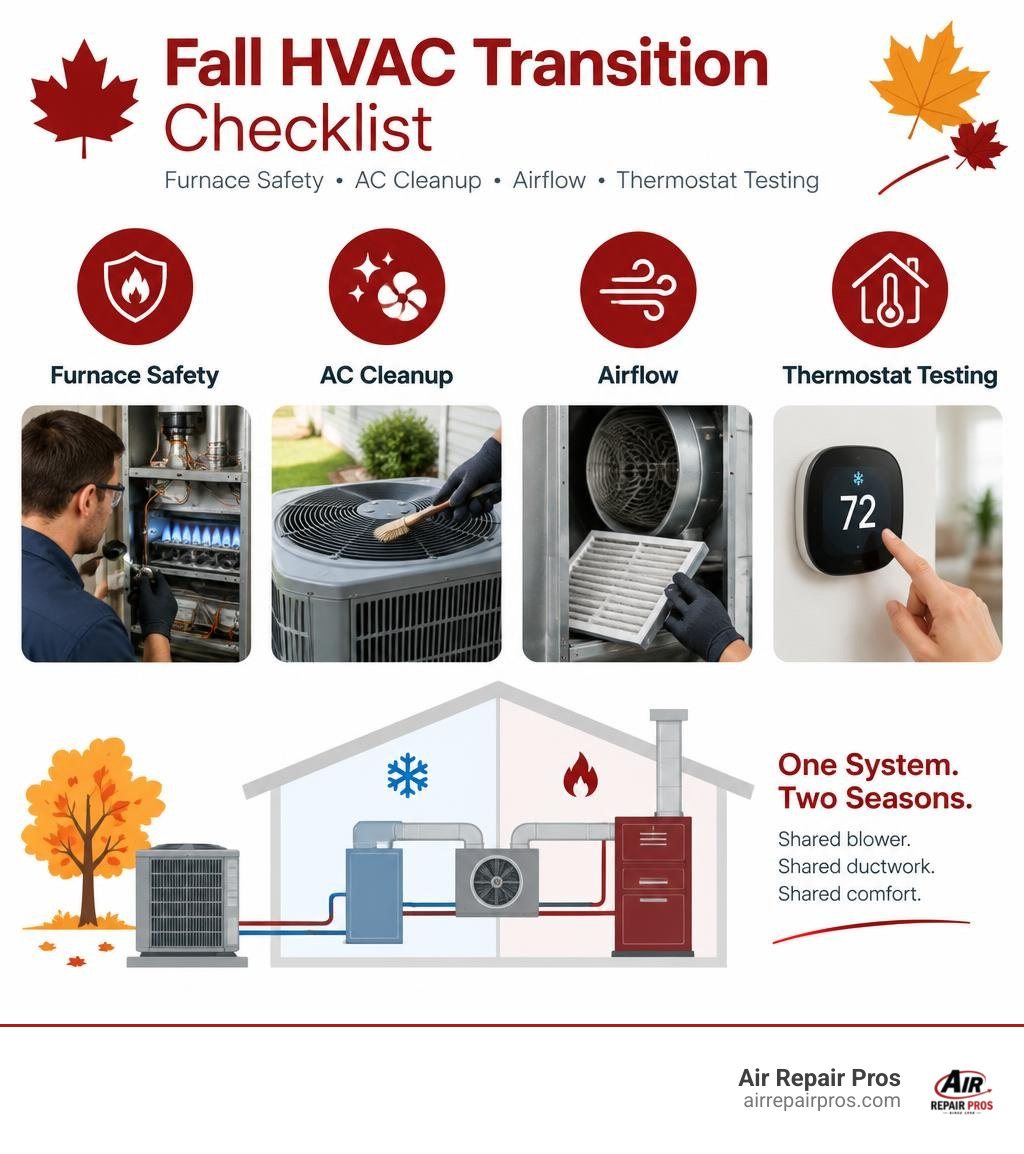 Fall HVAC transition checklist for furnace safety AC cleanup airflow and thermostat testing infographic