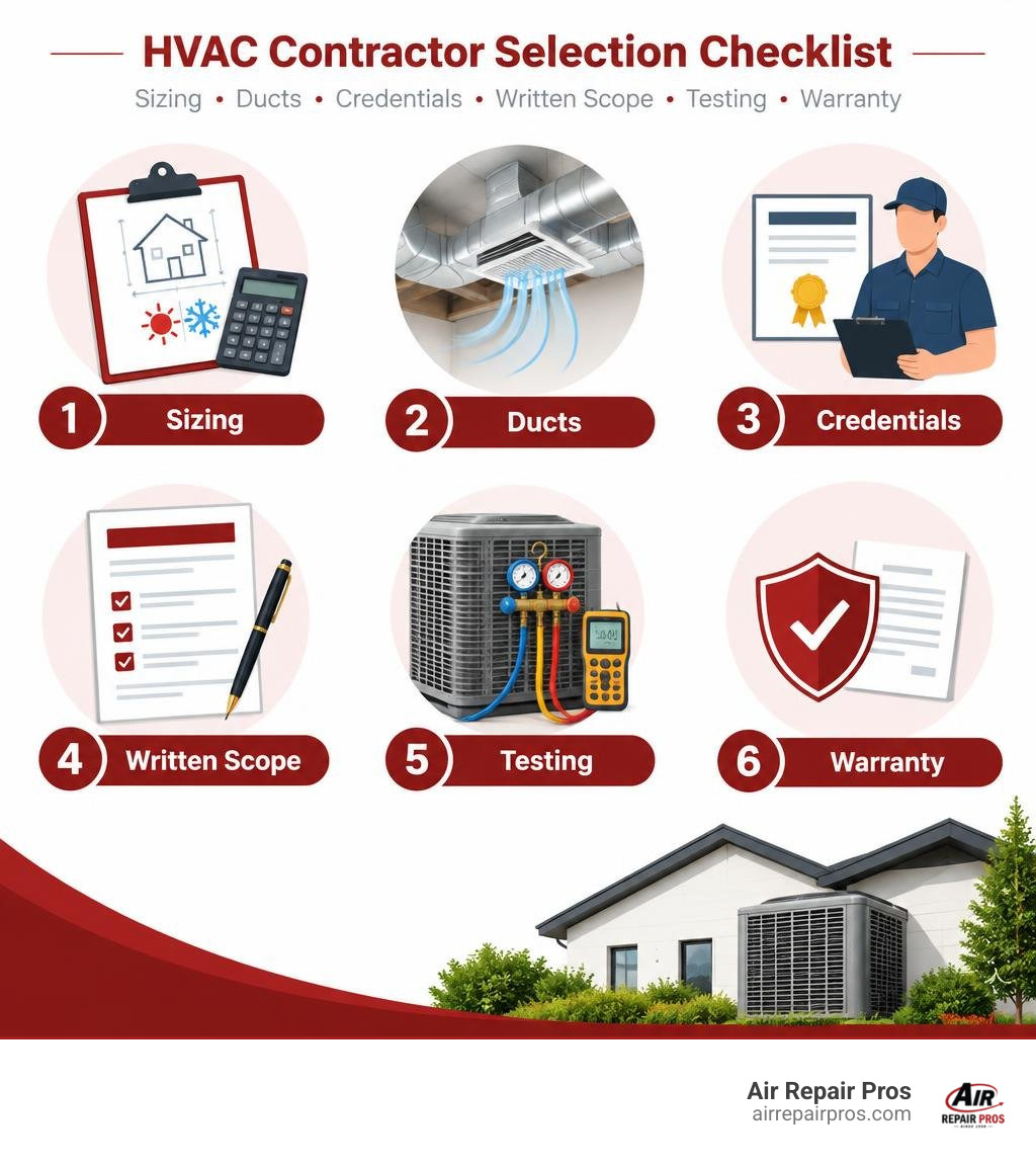 HVAC contractor selection checklist: sizing, ducts, credentials, written scope, testing, warranty infographic