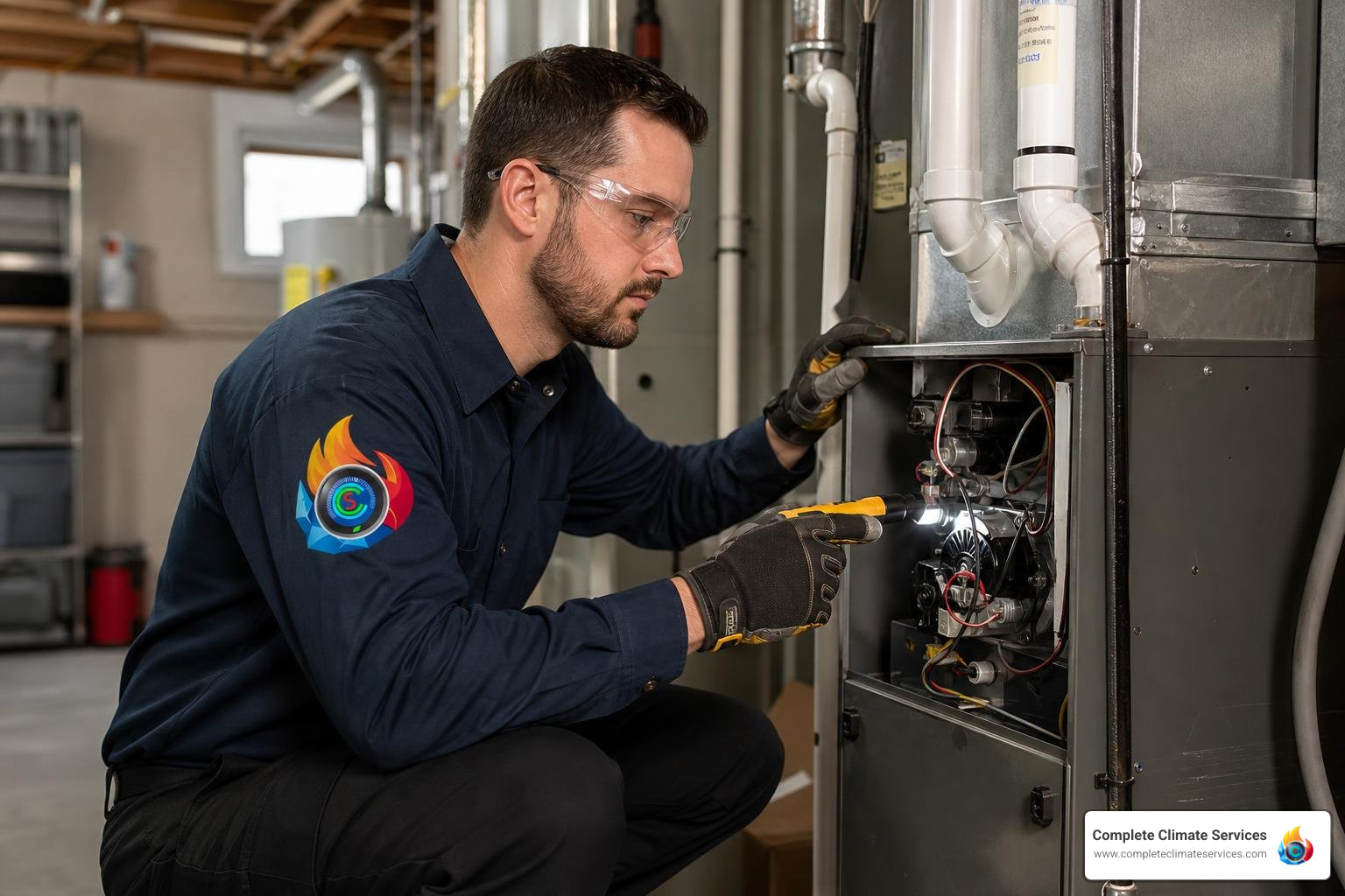 professional furnace repair technician inspecting a residential gas furnace system