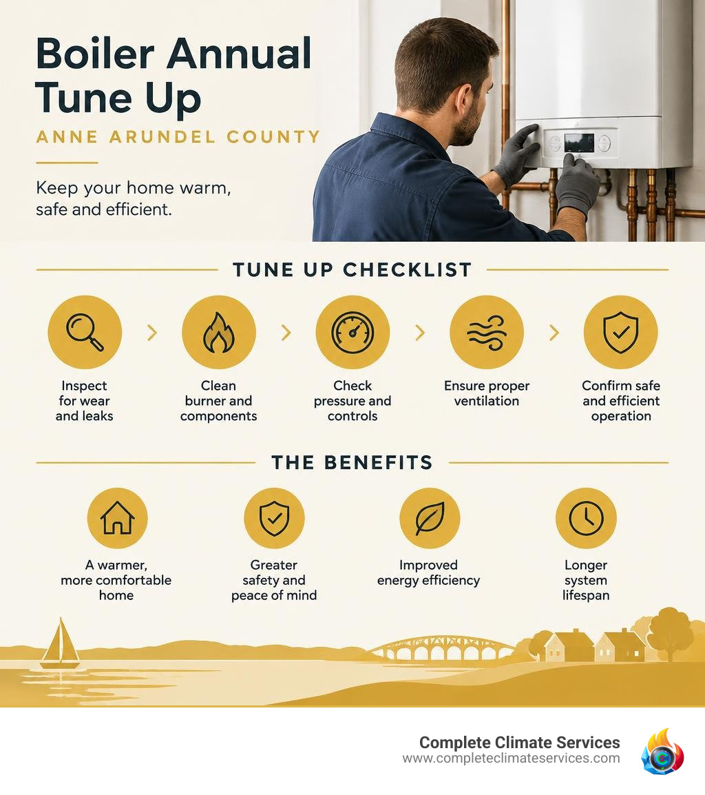 Infographic showing boiler annual tune up checklist steps and benefits for Anne Arundel County homeowners infographic Infographic showing boiler annual tune up checklist steps and benefits for Anne Arundel County homeowners infographic