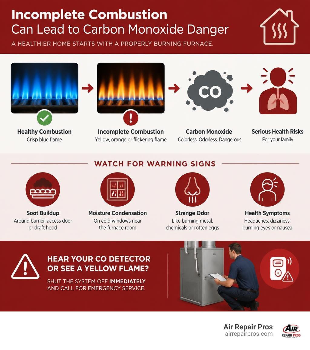 Colorful infographic showing how incomplete furnace combustion can lead to carbon monoxide danger and when to call a
