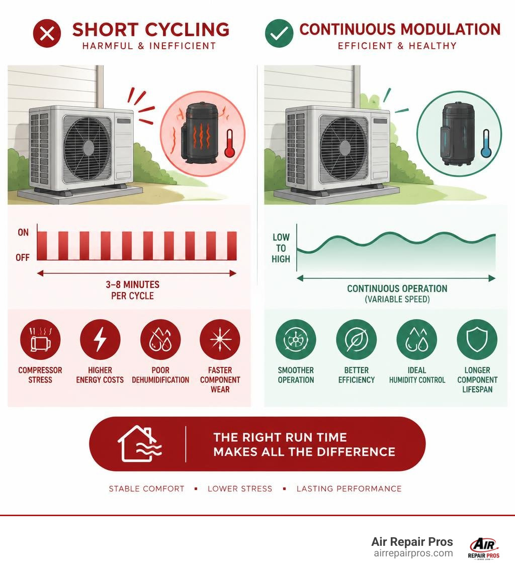 Colorful infographic comparing destructive heat pump short cycling with efficient continuous variable-speed operation