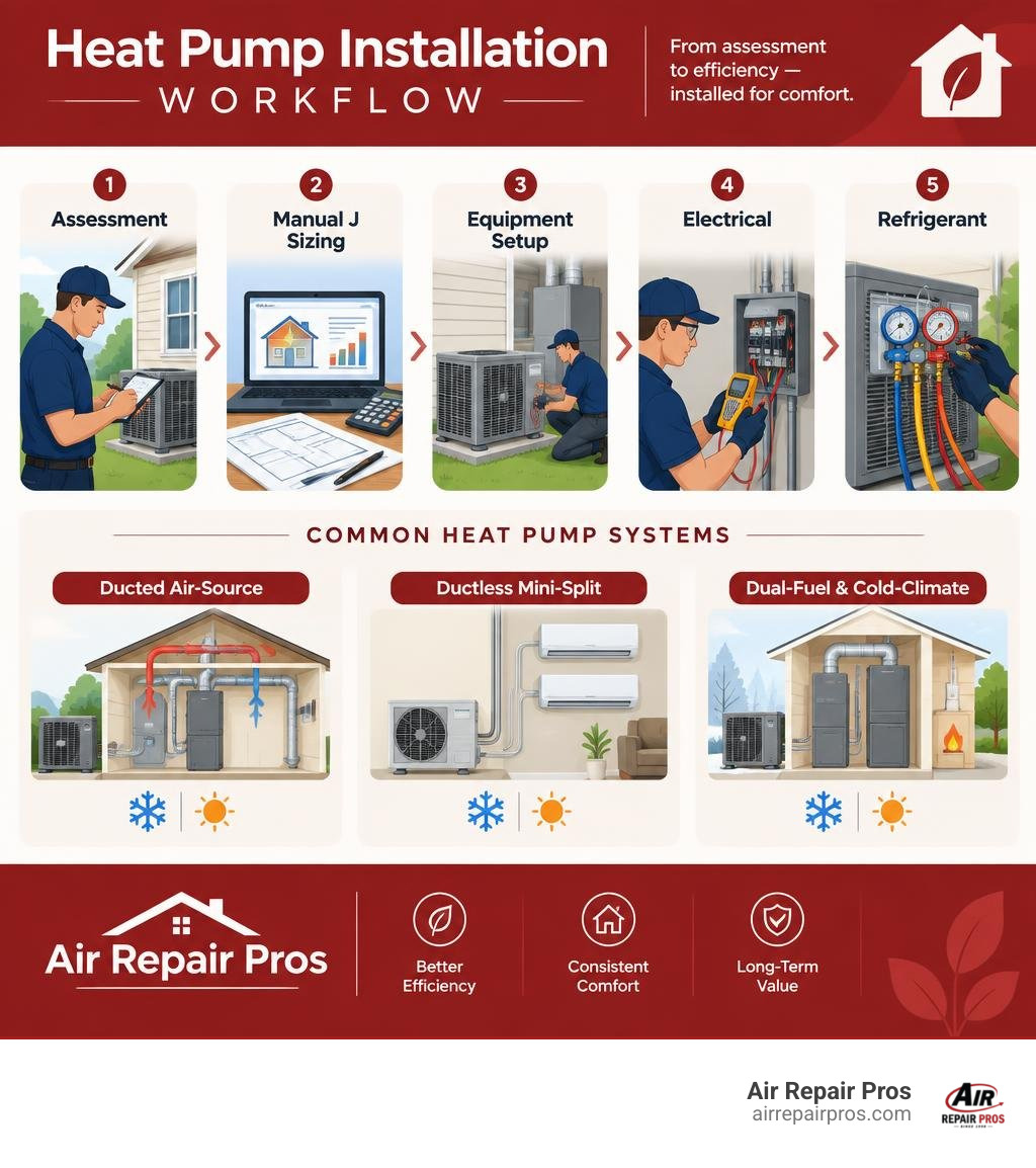 Colorful detailed heat pump installation workflow infographic showing assessment, Manual J sizing, equipment setup