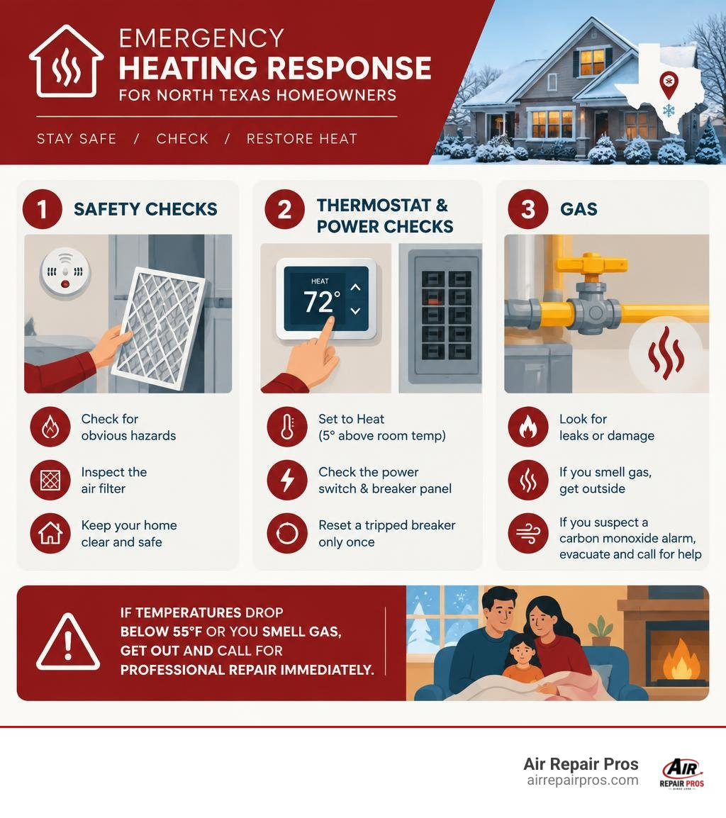 Detailed colorful emergency heating response infographic for North Texas homeowners, showing safety checks, thermostat and