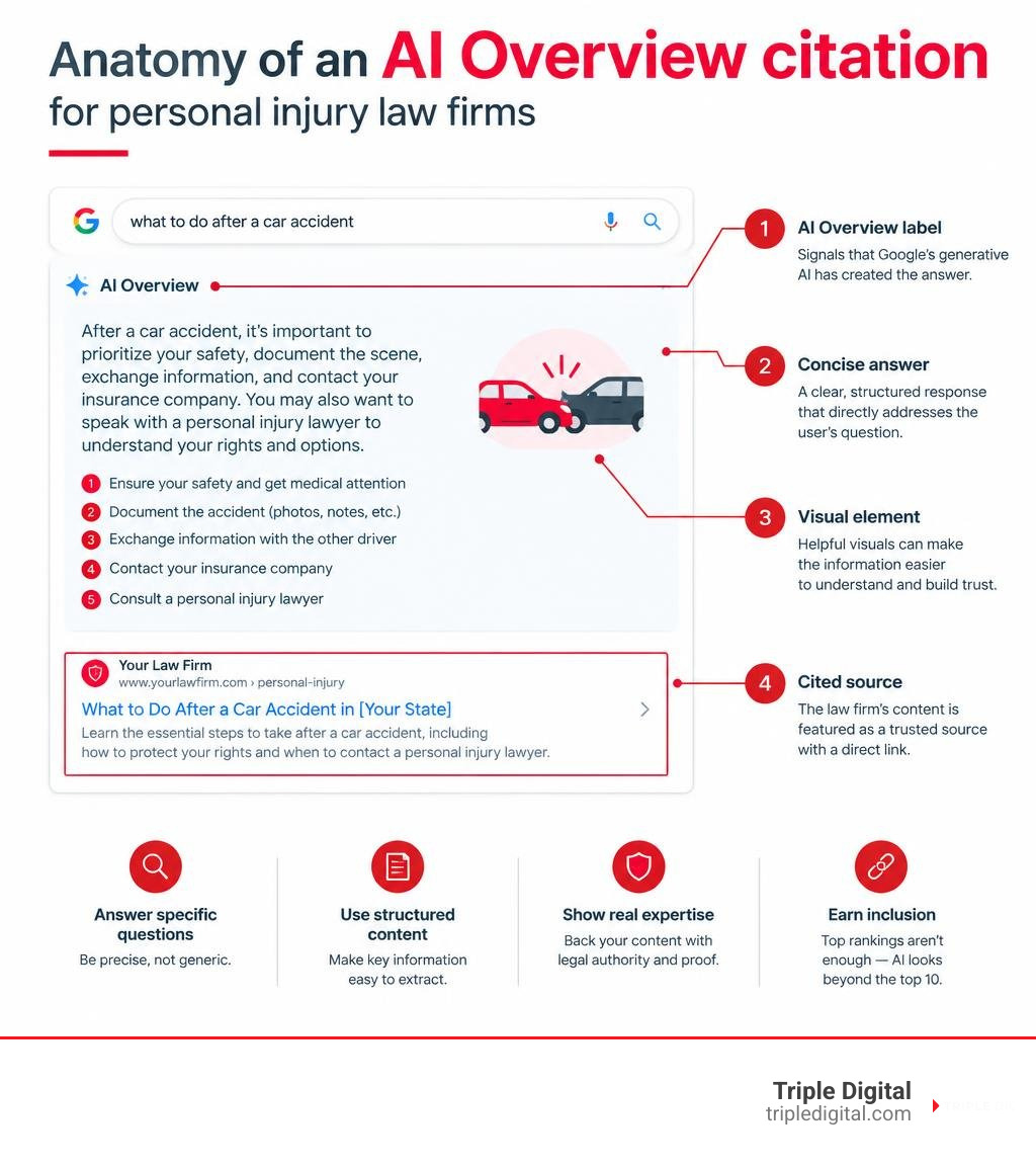 Anatomy of an AI Overview citation for personal injury law firms infographic