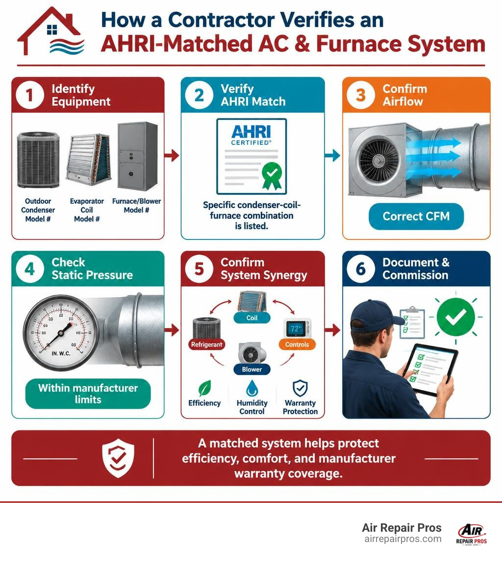 Colorful infographic showing six steps to verify AHRI matching and airflow compatibility for a new AC condenser and furnace Colorful infographic showing six steps to verify AHRI matching and airflow compatibility for a new AC condenser and furnace