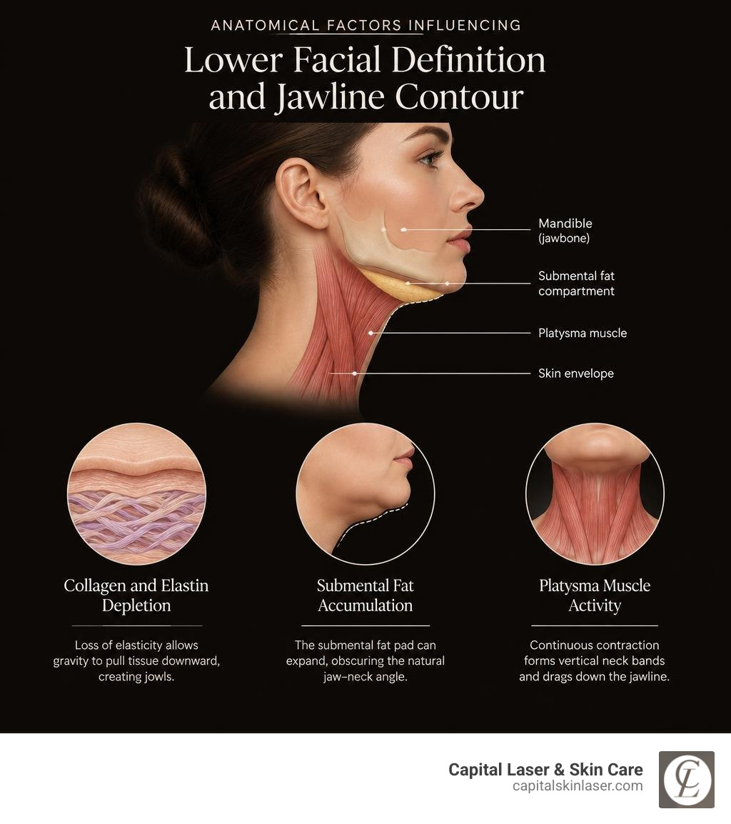 Anatomical factors influencing lower facial definition and jawline contour infographic Anatomical factors influencing lower facial definition and jawline contour infographic