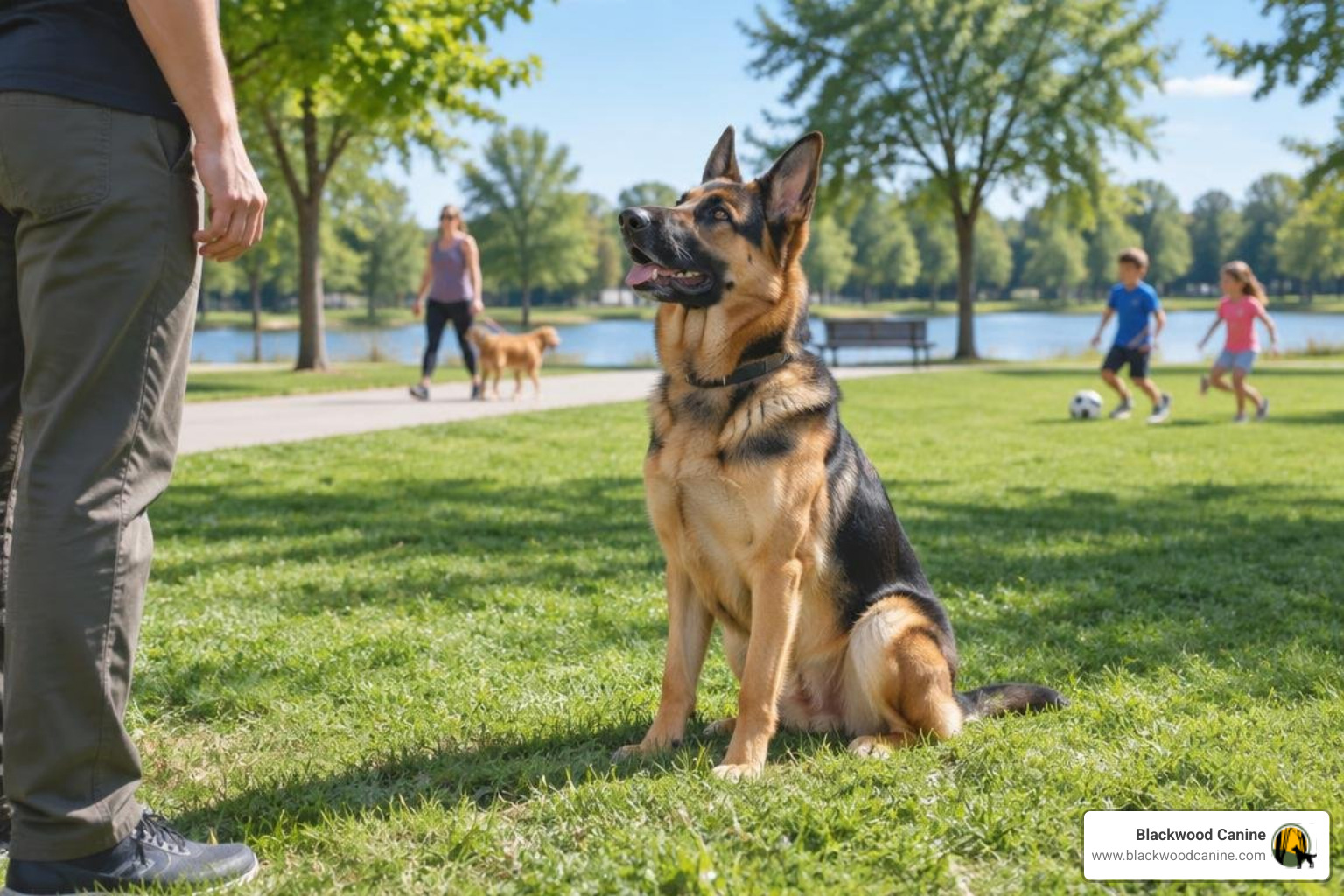 focused dog holding a stay command near park distractions