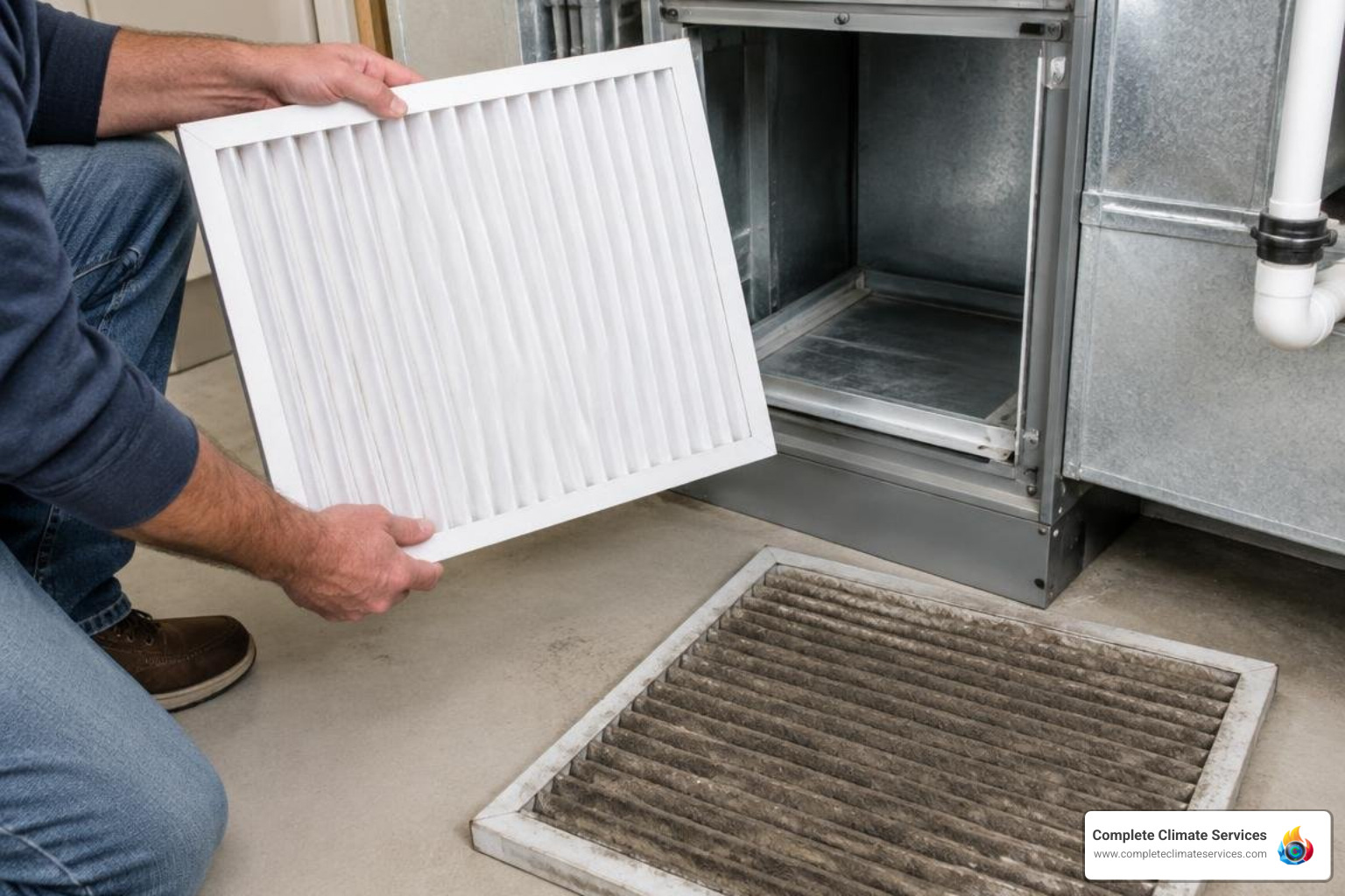 homeowner replacing a dirty 1-inch pleated furnace filter homeowner replacing a dirty 1-inch pleated furnace filter
