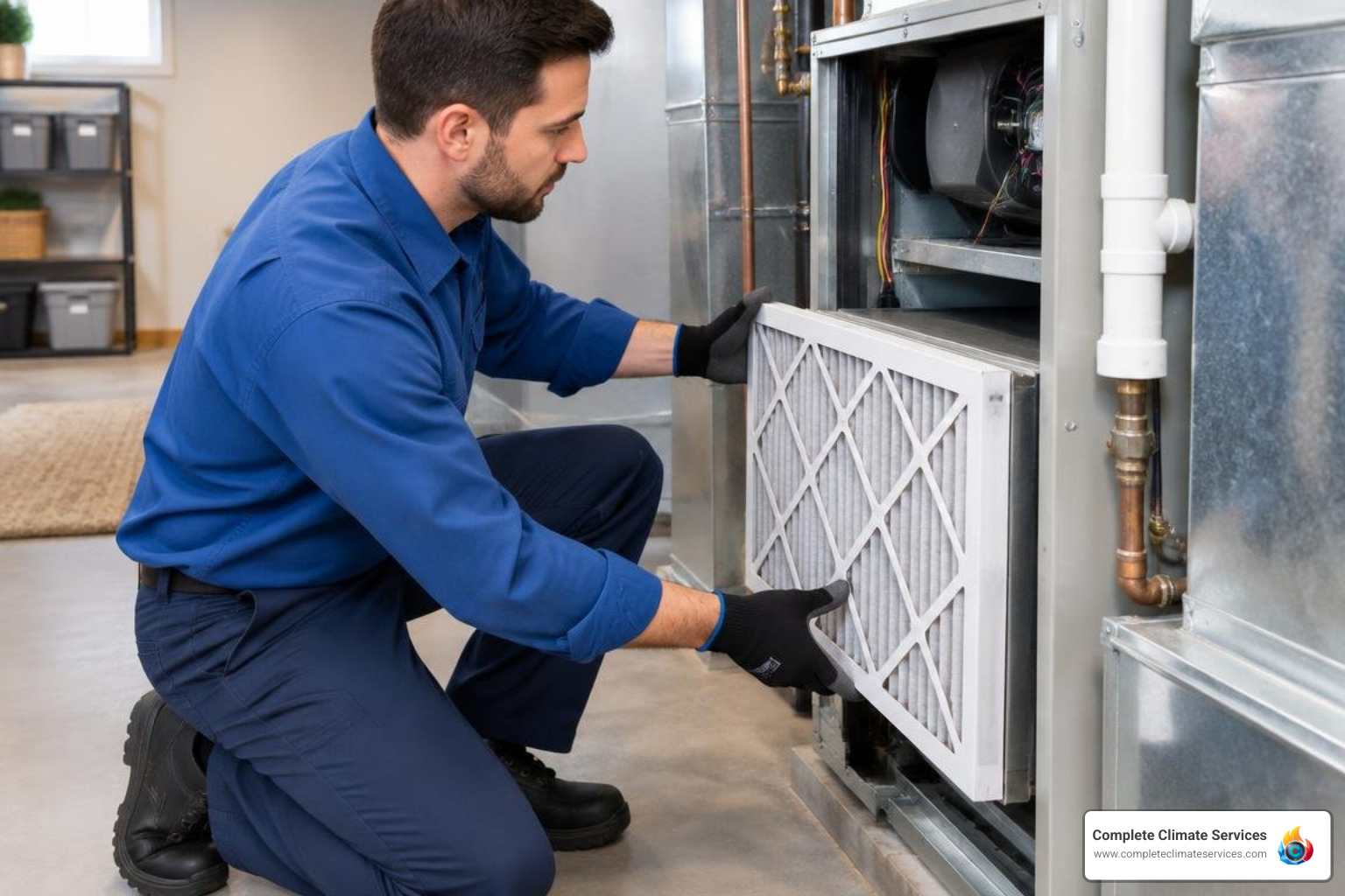 technician replacing a pleated air filter inside an indoor air handler cabinet technician replacing a pleated air filter inside an indoor air handler cabinet