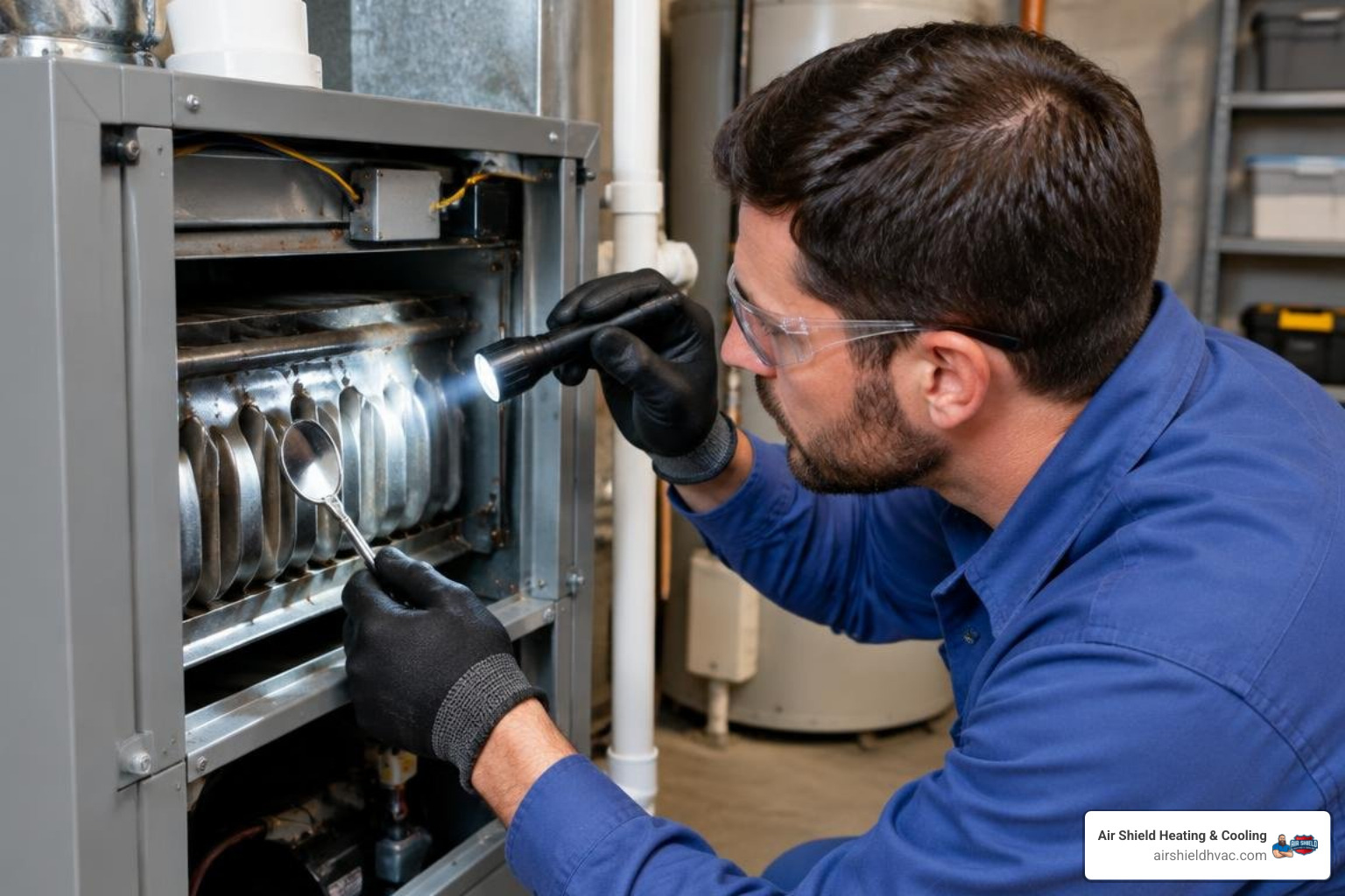 HVAC technician inspecting a furnace heat exchanger for safety