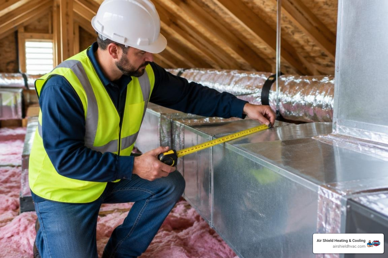 technician measuring trunk line for damper installation