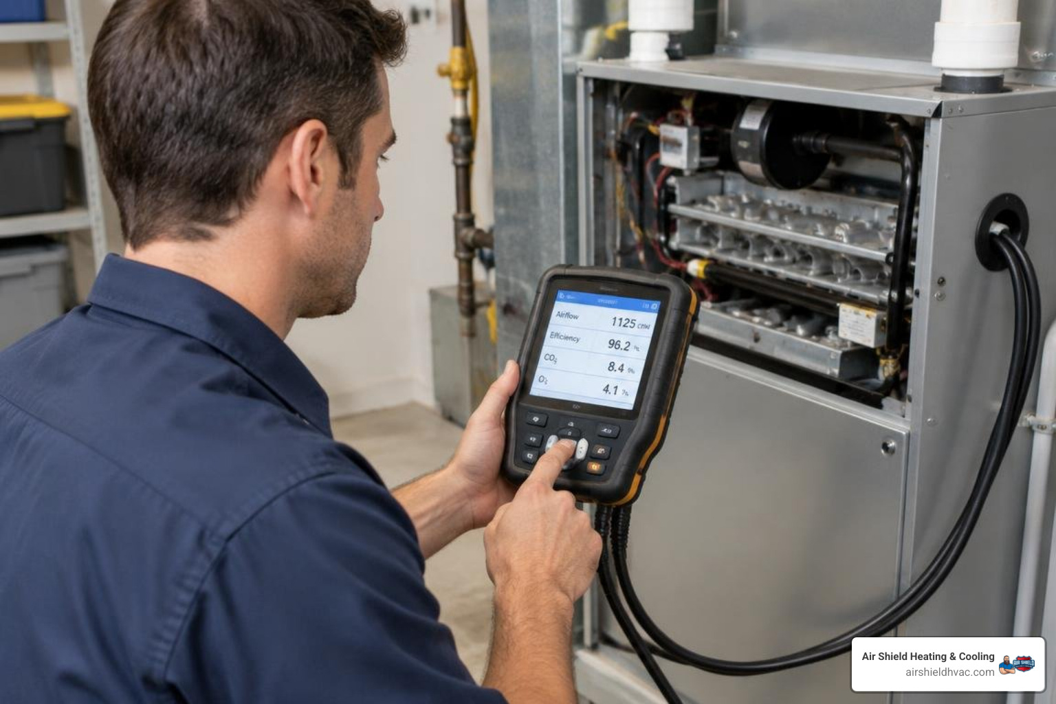 Airflow and combustion efficiency analysis tool connected to a residential heating system