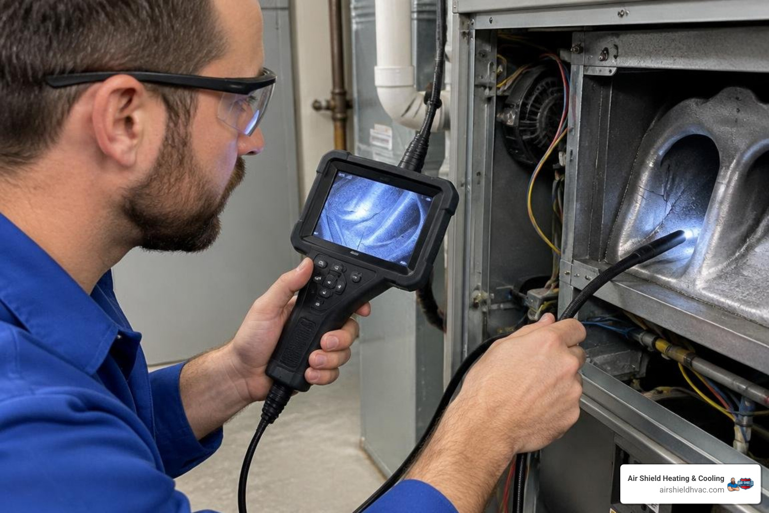 Specialized digital borescope inspecting internal furnace heat exchanger curves