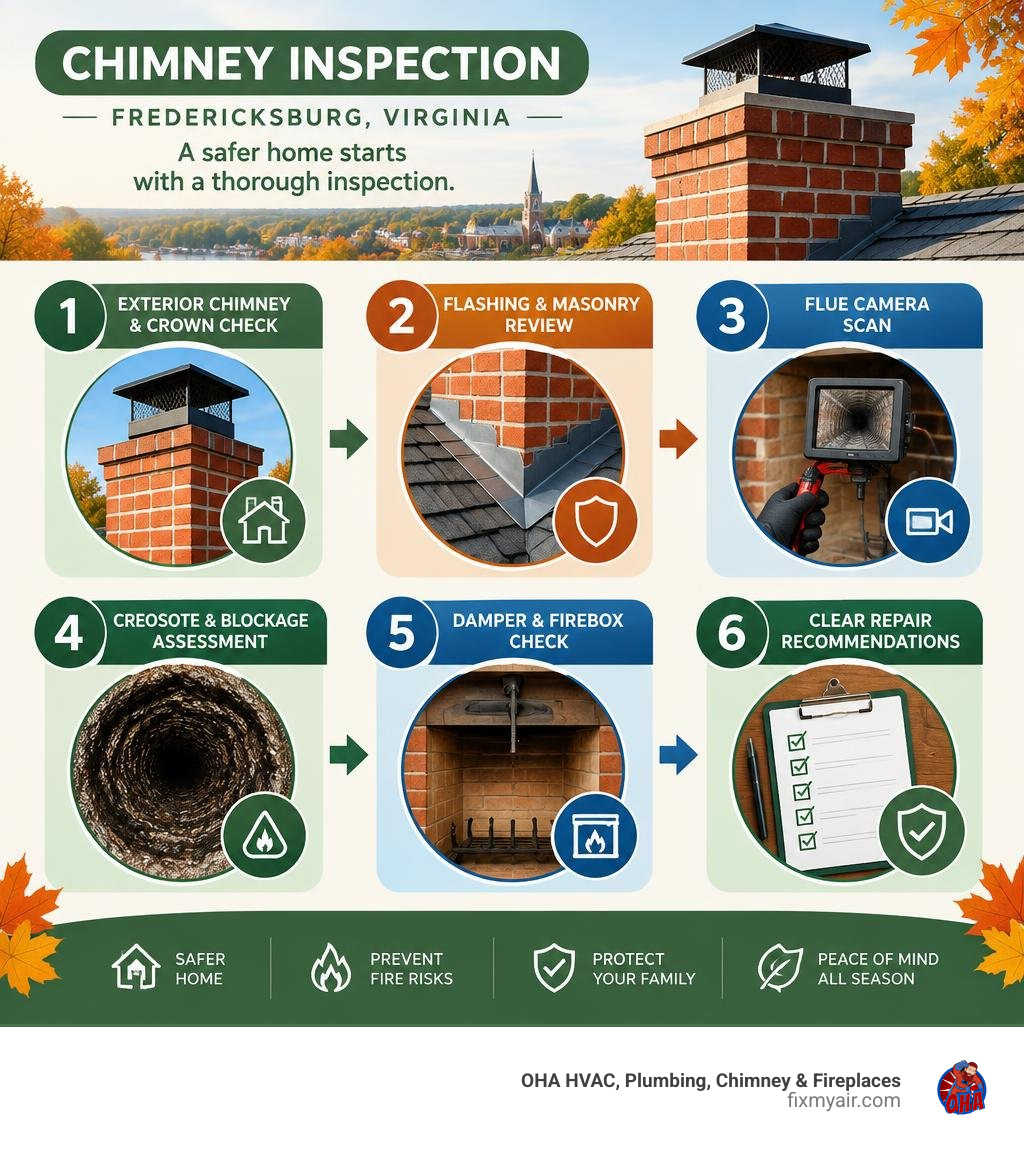 Colorful six-step chimney inspection infographic showing exterior checks, flue camera scanning, creosote assessment, and