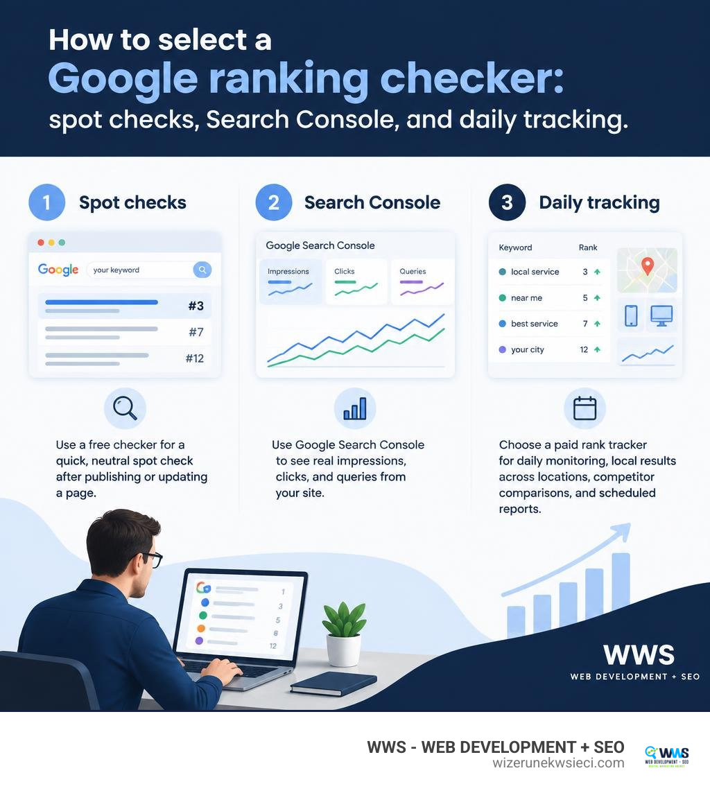 How to select a Google ranking checker: spot checks, Search Console, and daily tracking infographic