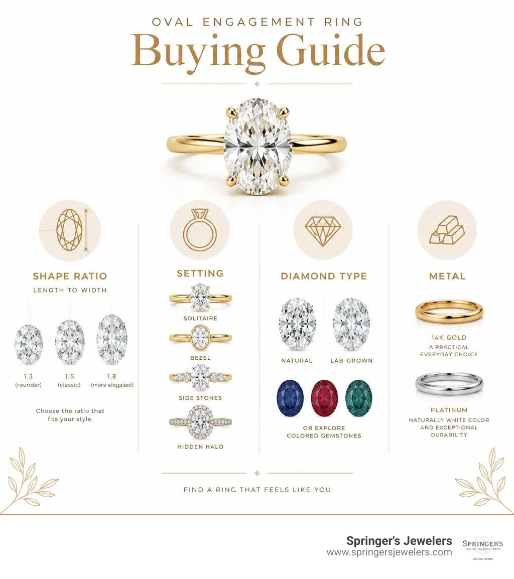 Oval engagement ring buying guide: shape ratio, setting, diamond type, metal infographic Oval engagement ring buying guide: shape ratio, setting, diamond type, metal infographic