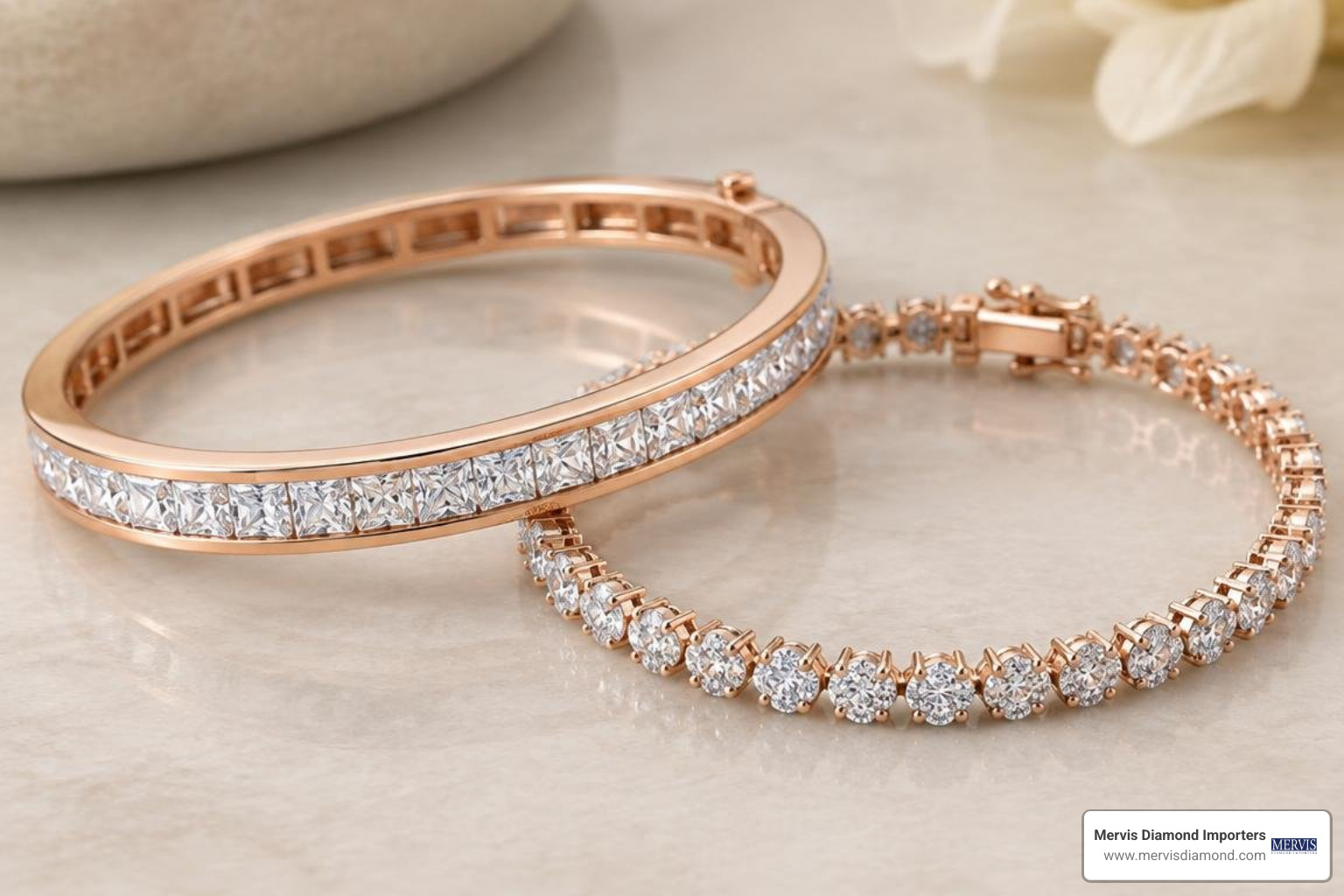 close-up of channel set diamonds alongside a micro-clustered tennis bracelet setting