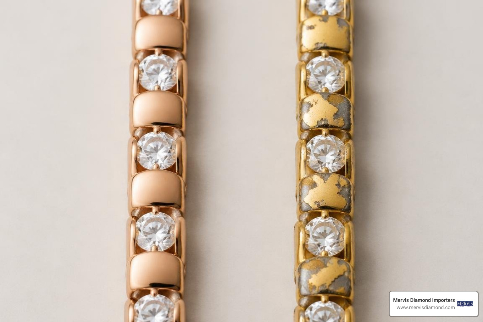 solid 18k rose gold bracelet links compared with gold-plated metal surfaces
