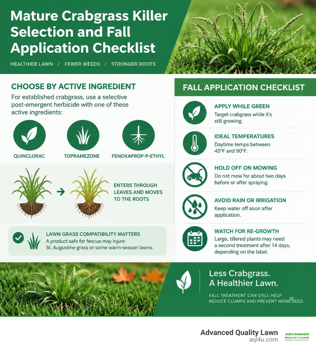Mature crabgrass killer selection and fall application checklist infographic