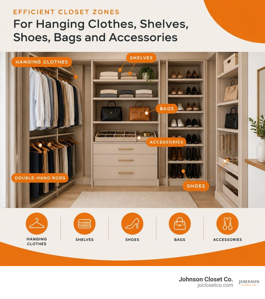 Efficient closet zones for hanging clothes shelves shoes bags and accessories infographic Efficient closet zones for hanging clothes shelves shoes bags and accessories infographic