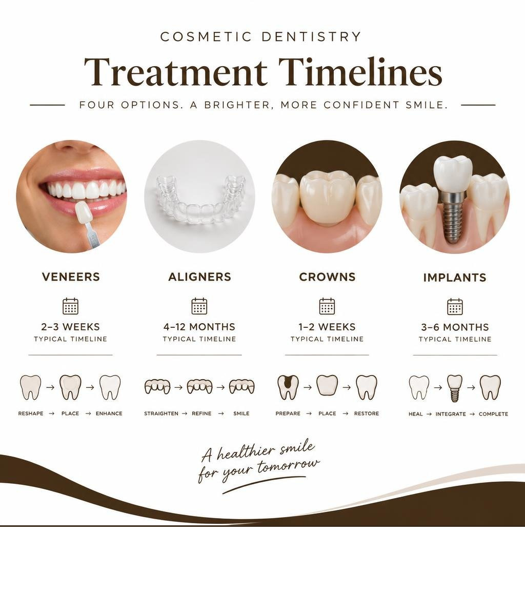 Cosmetic dentistry treatment timelines for veneers aligners crowns and implants infographic Cosmetic dentistry treatment timelines for veneers aligners crowns and implants infographic