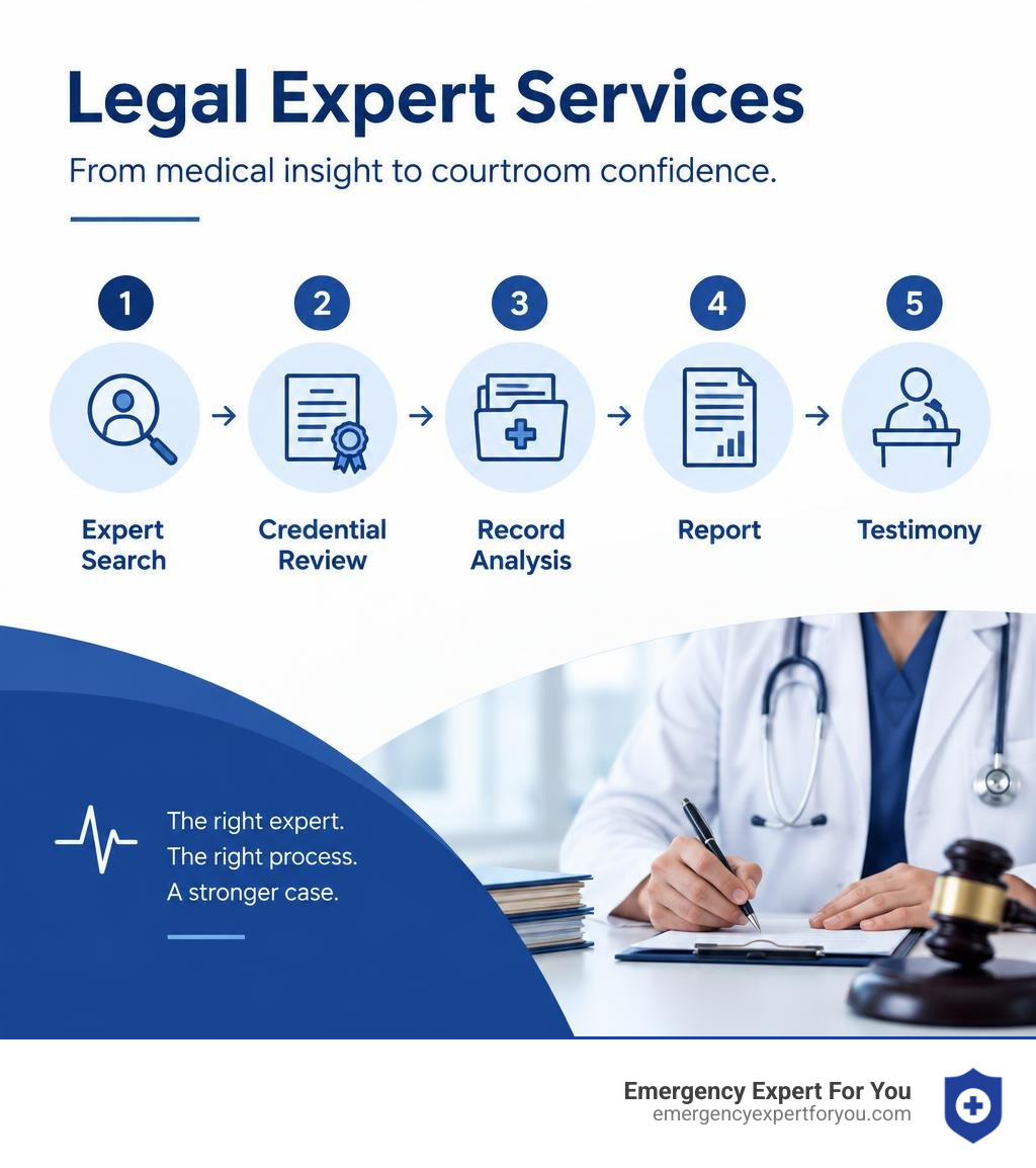 Infographic showing expert search, credential review, record analysis, report, and testimony infographic