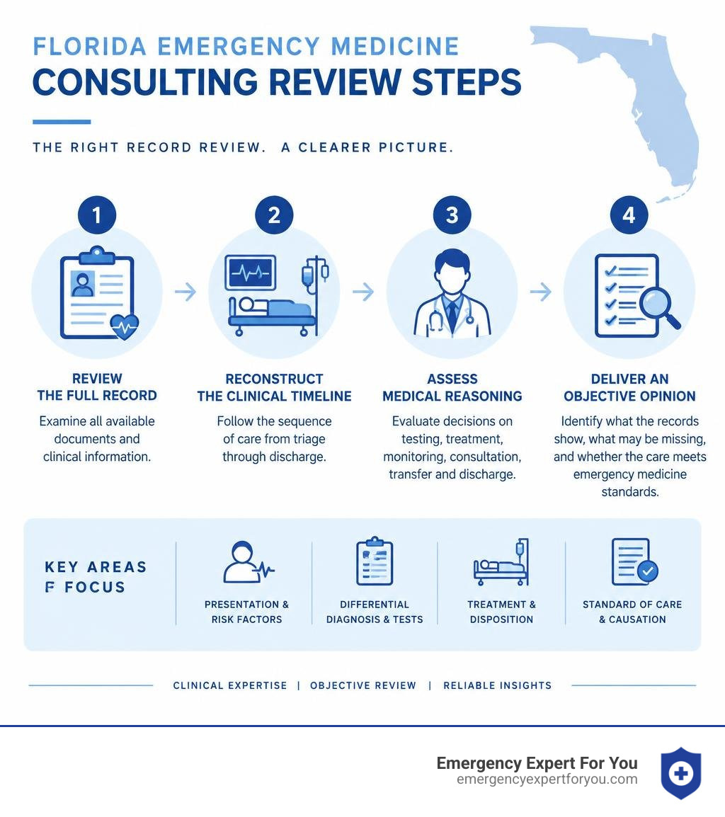 Florida emergency medicine consulting review steps infographic