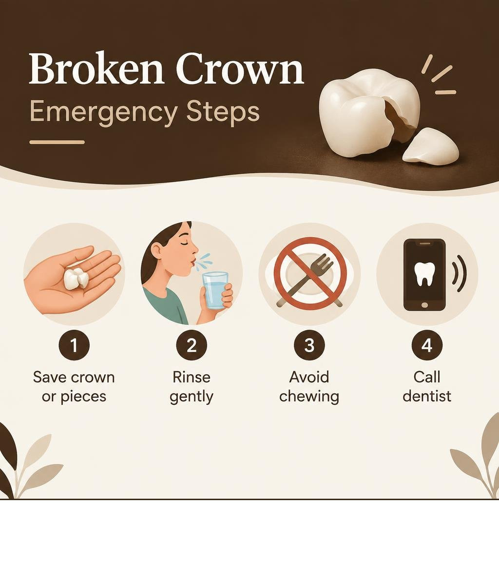 Broken crown emergency steps: save crown, rinse, avoid chewing, call dentist infographic Broken crown emergency steps: save crown, rinse, avoid chewing, call dentist infographic