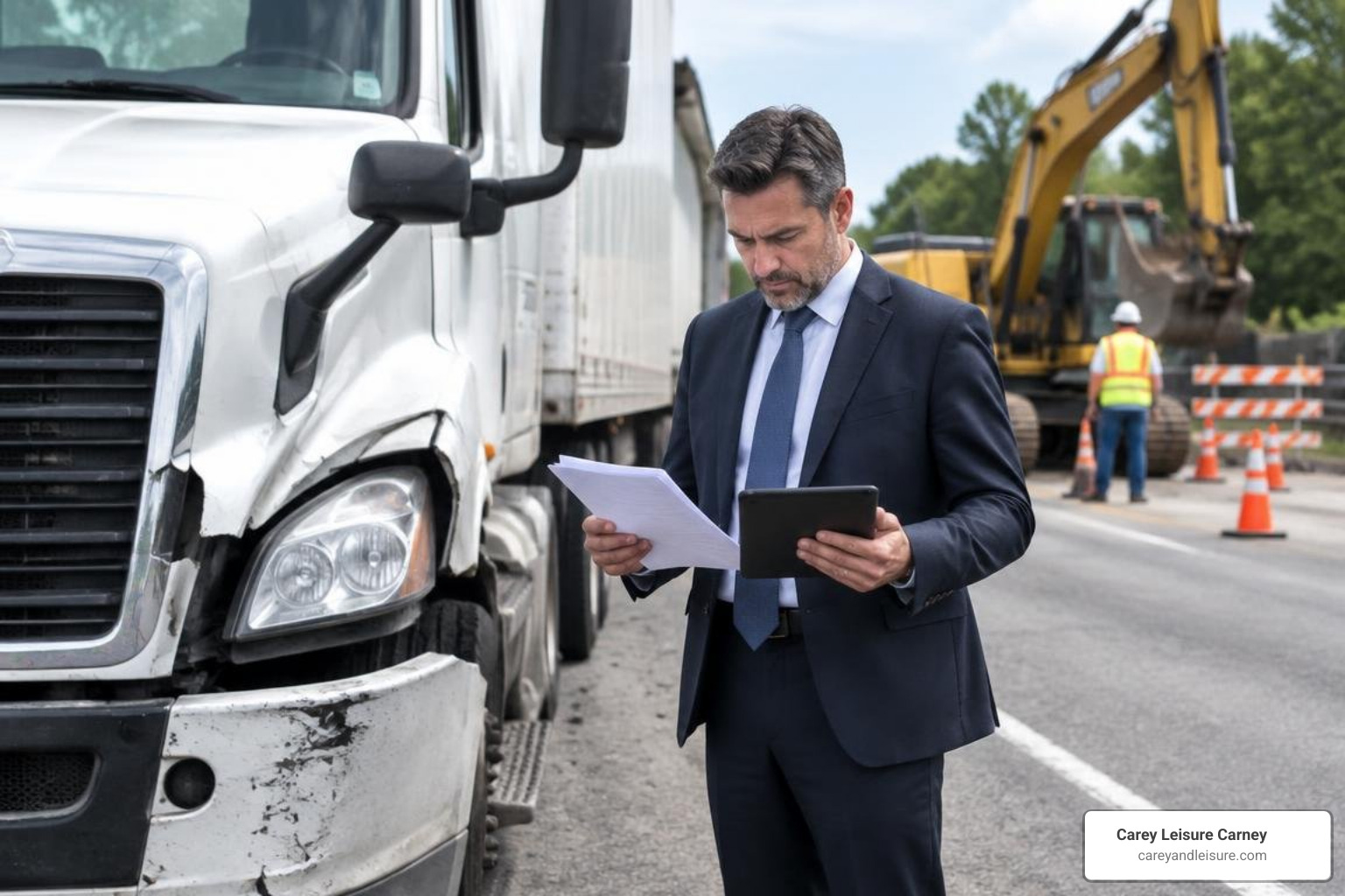 personal injury attorney reviewing commercial truck accident investigation records