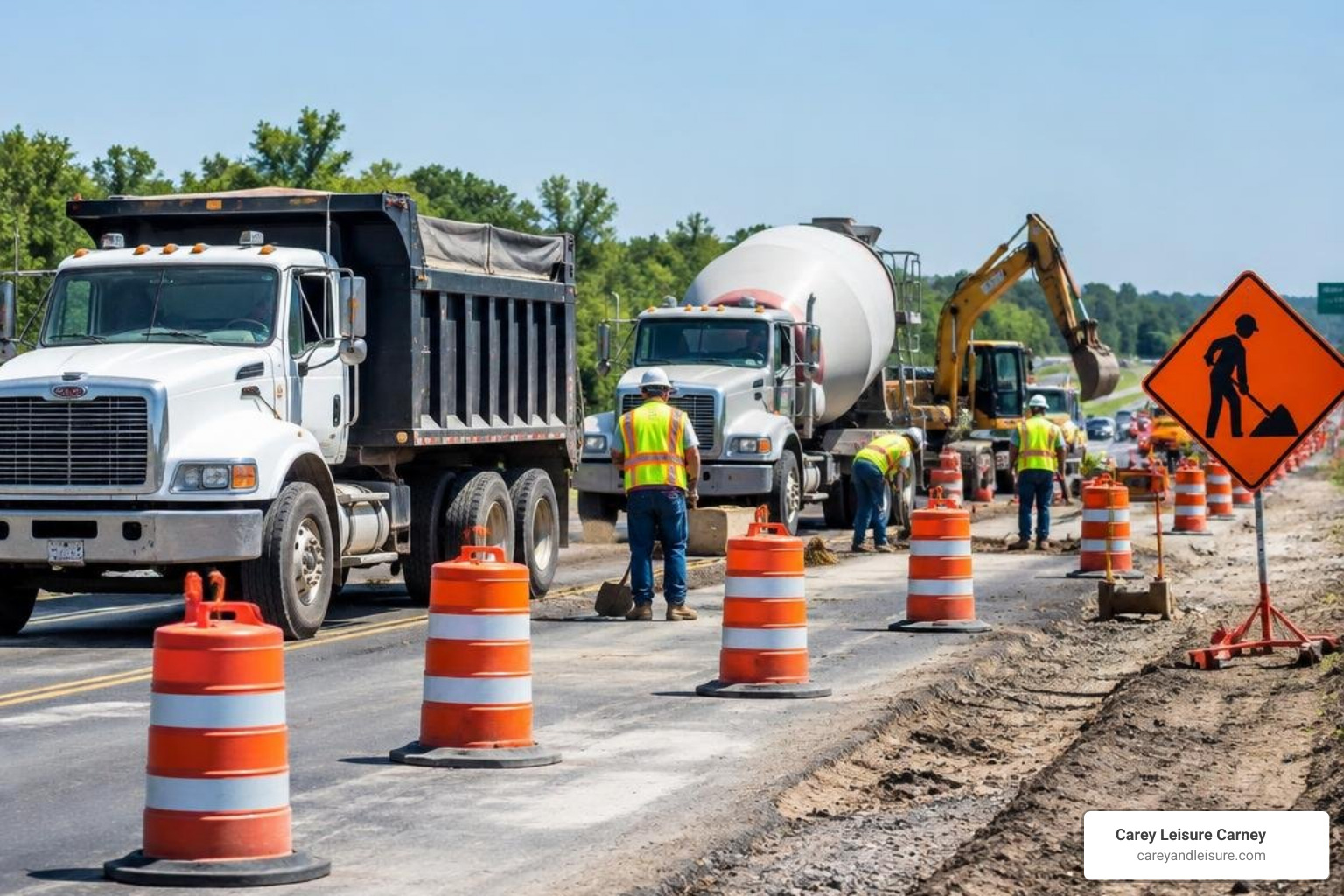 construction zone traffic control signs and heavy work trucks