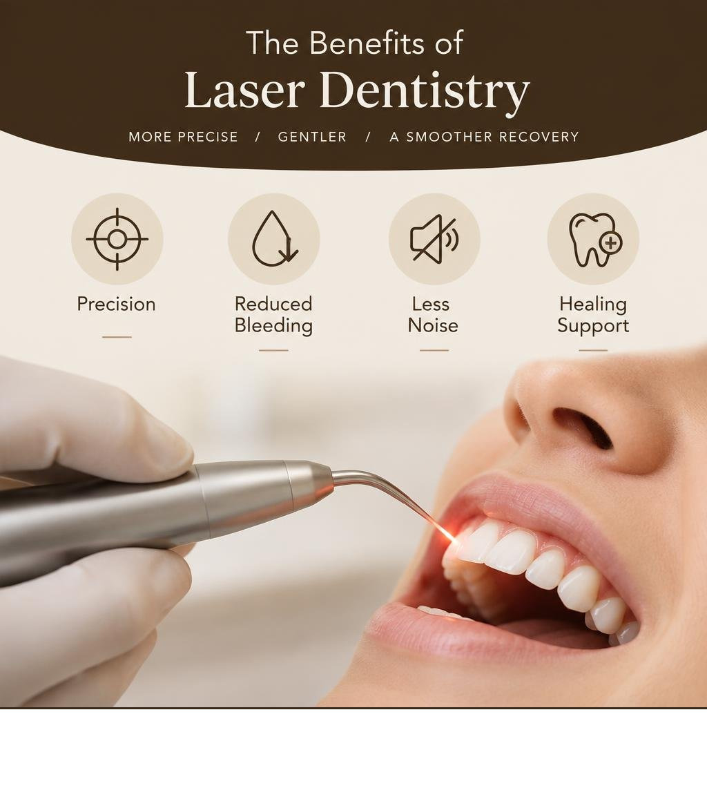 Infographic comparing laser dentistry benefits: precision, reduced bleeding, less noise, and healing support infographic