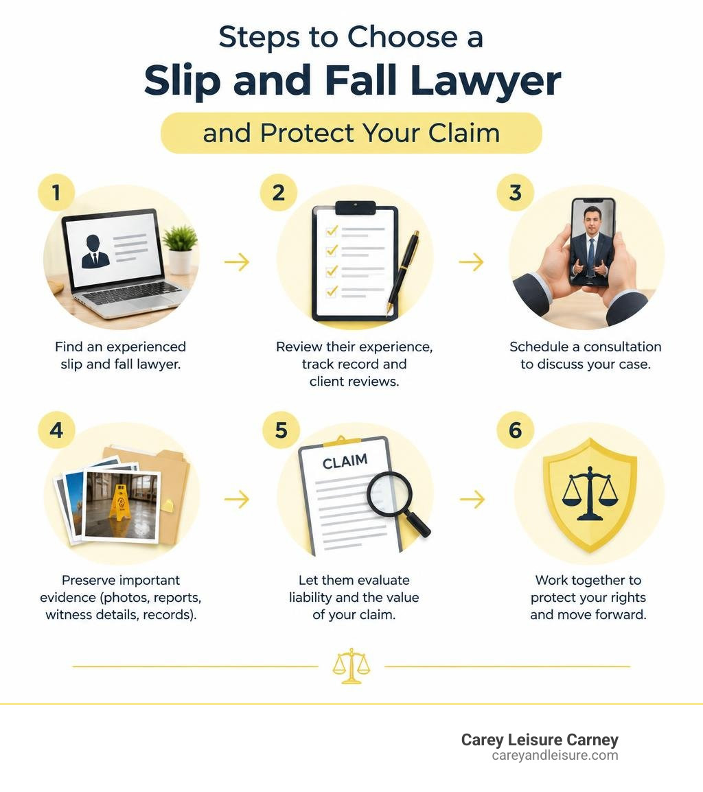 Steps to choose a slip and fall lawyer and protect your claim infographic Steps to choose a slip and fall lawyer and protect your claim infographic